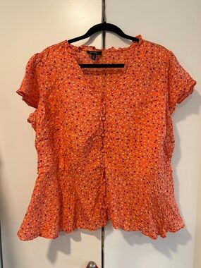 Jessica Simpson 2x Women’s Orange Floral Ruffle Button-Front Top